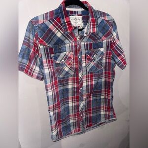 BKE Men's Red and Blue Plaid Casual Shirt